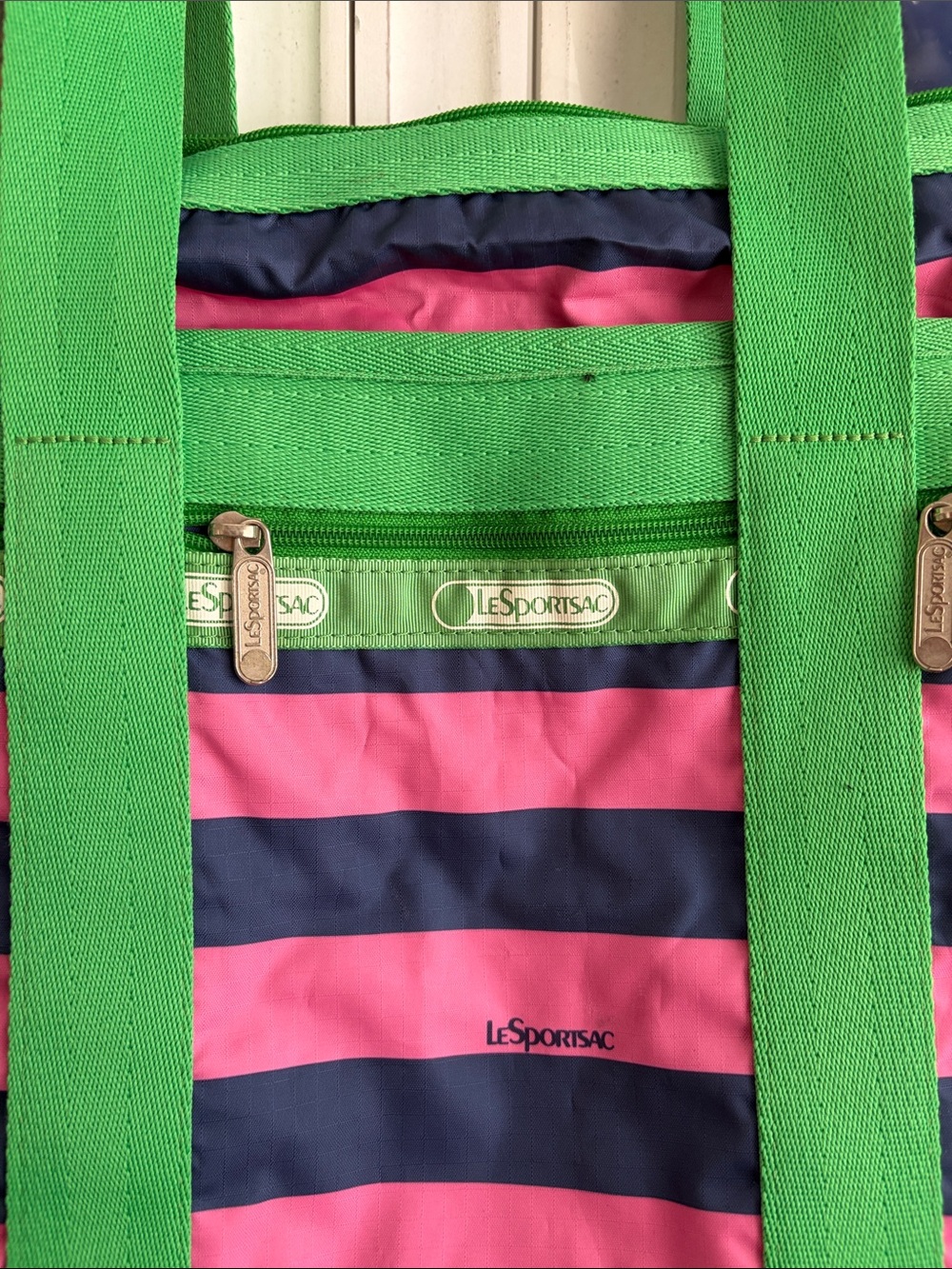 LeSportsac Green Pink Navy Striped Tote - Picture 2 of 5